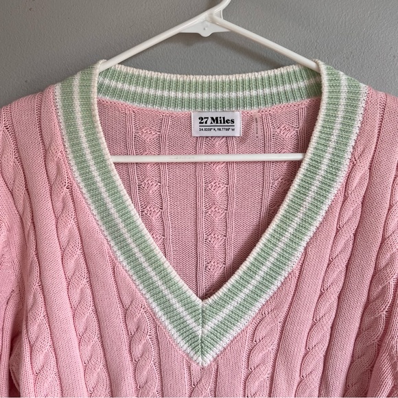 27 MILES MILANA COTTON CABLE VARSITY V NECK Sweater Pink Green M - Picture 11 of 14